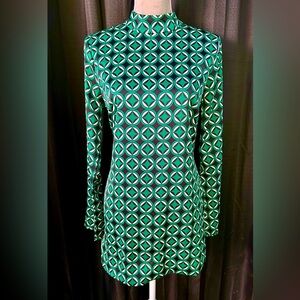 MNG Green, Black, White Geometric Long Sleeve Mini Dress, Size 6